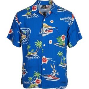 Vintage Warner Bros Hawaiian Shirt Mens M Blue Looney Tunes Aloha Paradise Beach